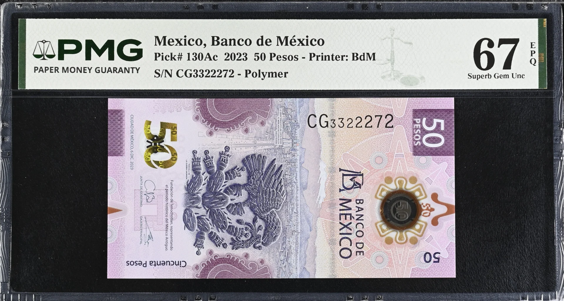 Banco De Mexico 50 Pesos 2023 M4709 P130Ac PMG Superb Gem UNC67 EPQ f_35813