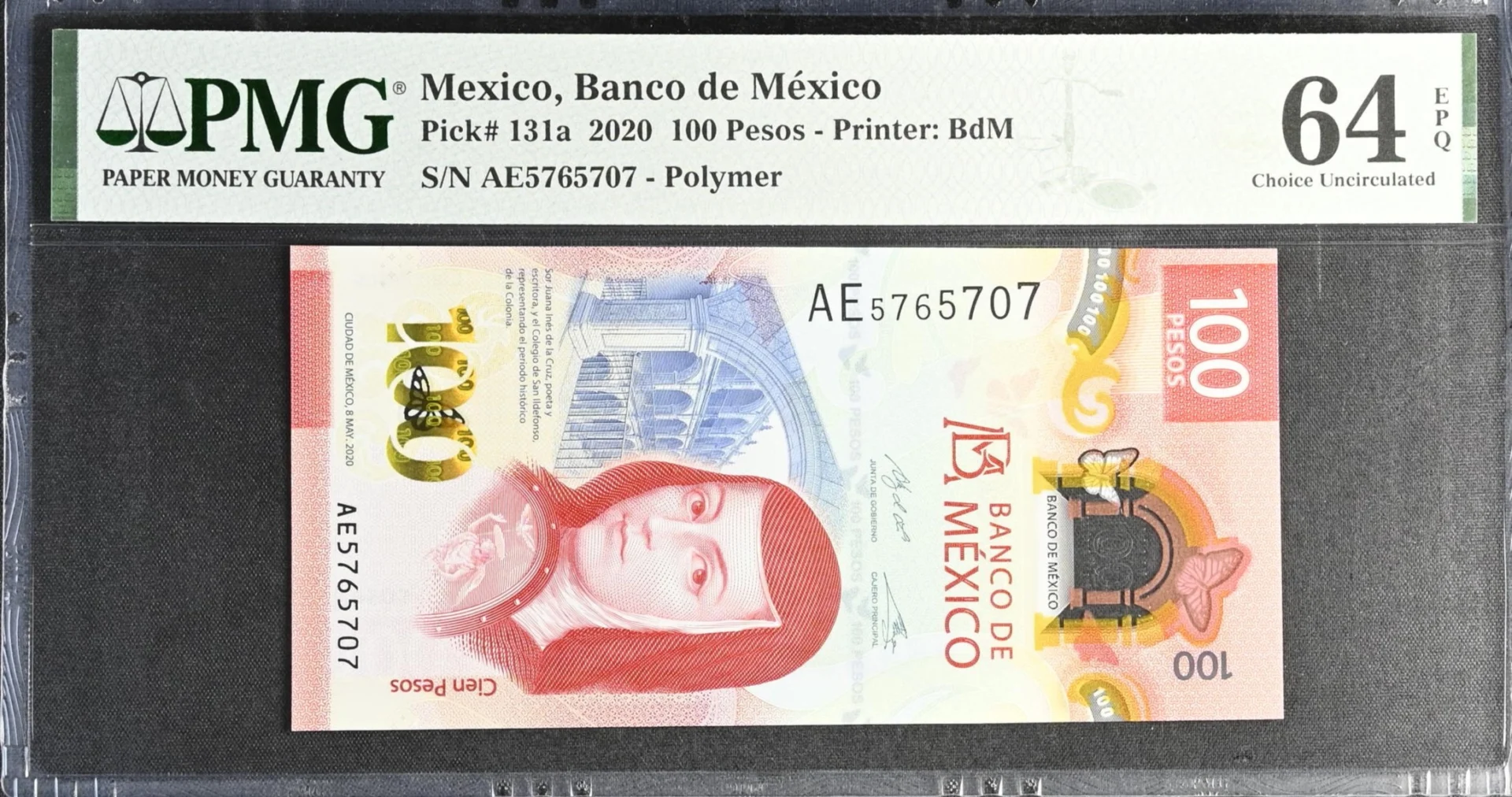 Banco De Mexico Mexican Currency Banco De Mexico 100 Pesos 2020 M4710 P131a PMG Ch UNC64 EPQ f_35815 Banco De Mexico 100 Pesos 2020 M4710 P131a PMG Ch UNC64 EPQ f_35815