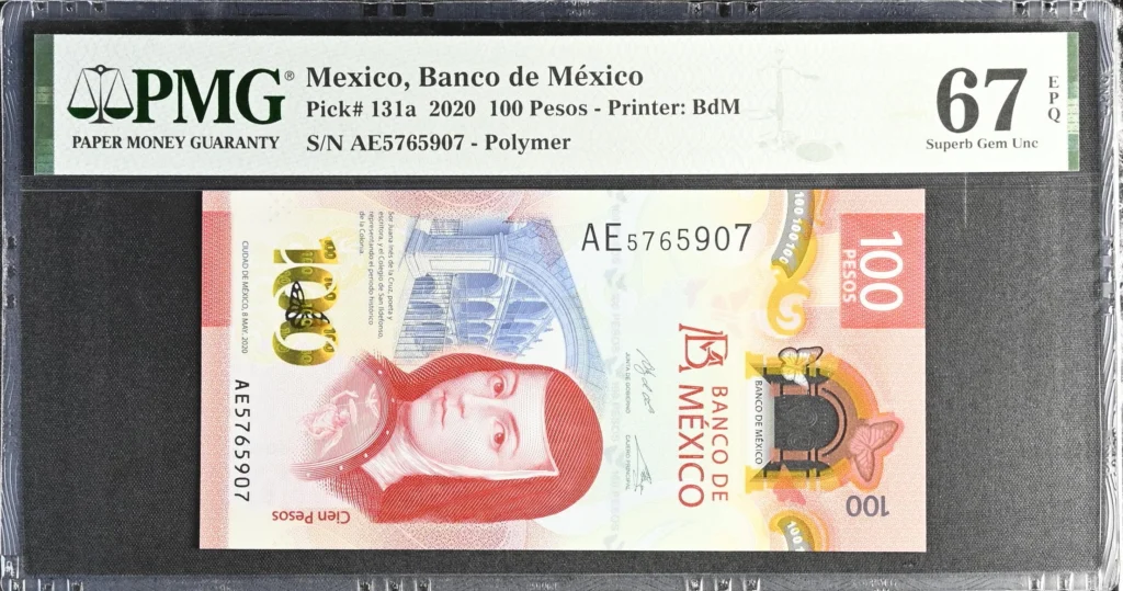 Banco De Mexico Mexican Currency Banco De Mexico 100 Pesos 2020 M4710 P131a PMG Superb Gem UNC67 EPQ f_35816 Banco De Mexico 100 Pesos 2020 M4710 P131a PMG Superb Gem UNC67 EPQ f_35816