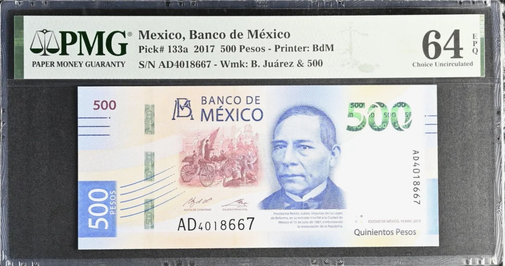 Banco De Mexico Mexican Currency Banco De Mexico 500 Pesos 2017 M4713 P133a PMG Ch UNC64 EPQ f_35818 Banco De Mexico 500 Pesos 2017 M4713 P133a PMG Ch UNC64 EPQ f_35818