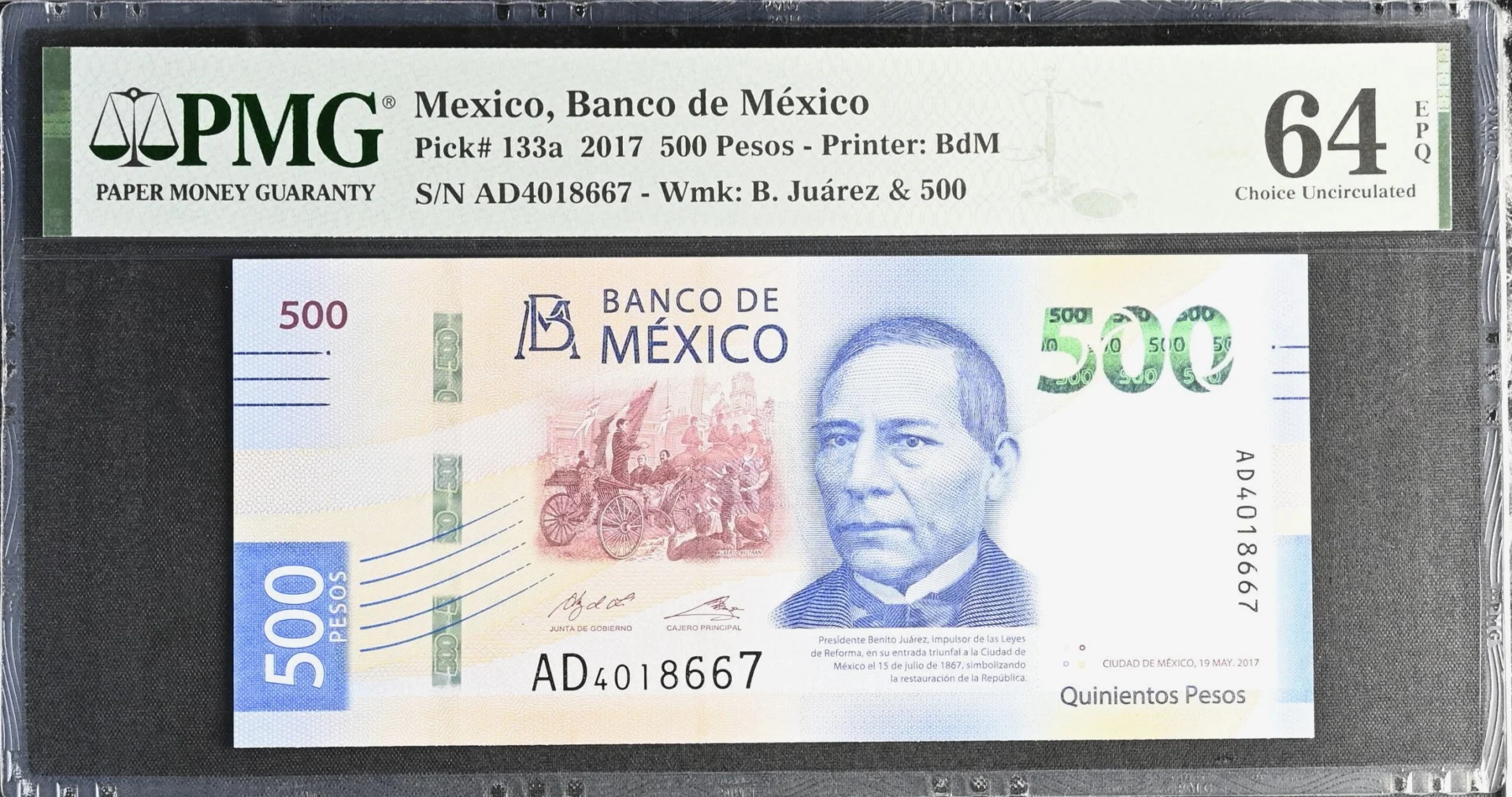 Banco De Mexico 500 Pesos 2017 M4713 P133a PMG Ch UNC64 EPQ f_35818