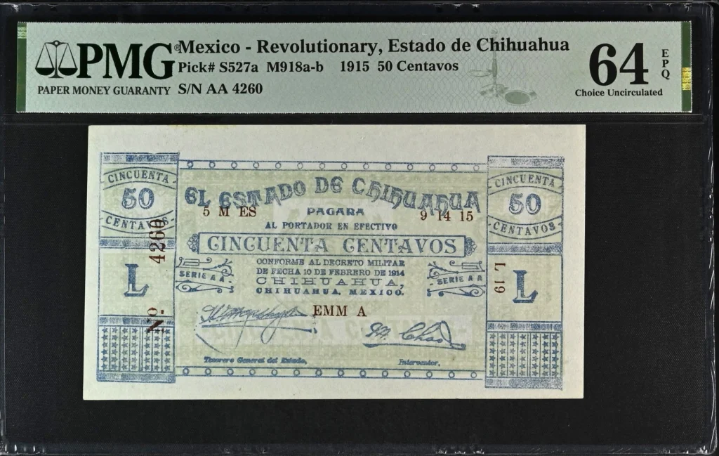 Mexican Currency Revolutionary Currency Revolutionary Currency 50 Centavos 1915 Chihuahua M918a-b P S527a PMG Ch UNC64 EPQ f_35820 Revolutionary Currency 50 Centavos 1915 Chihuahua M918a-b P S527a PMG Ch UNC64 EPQ f_35820