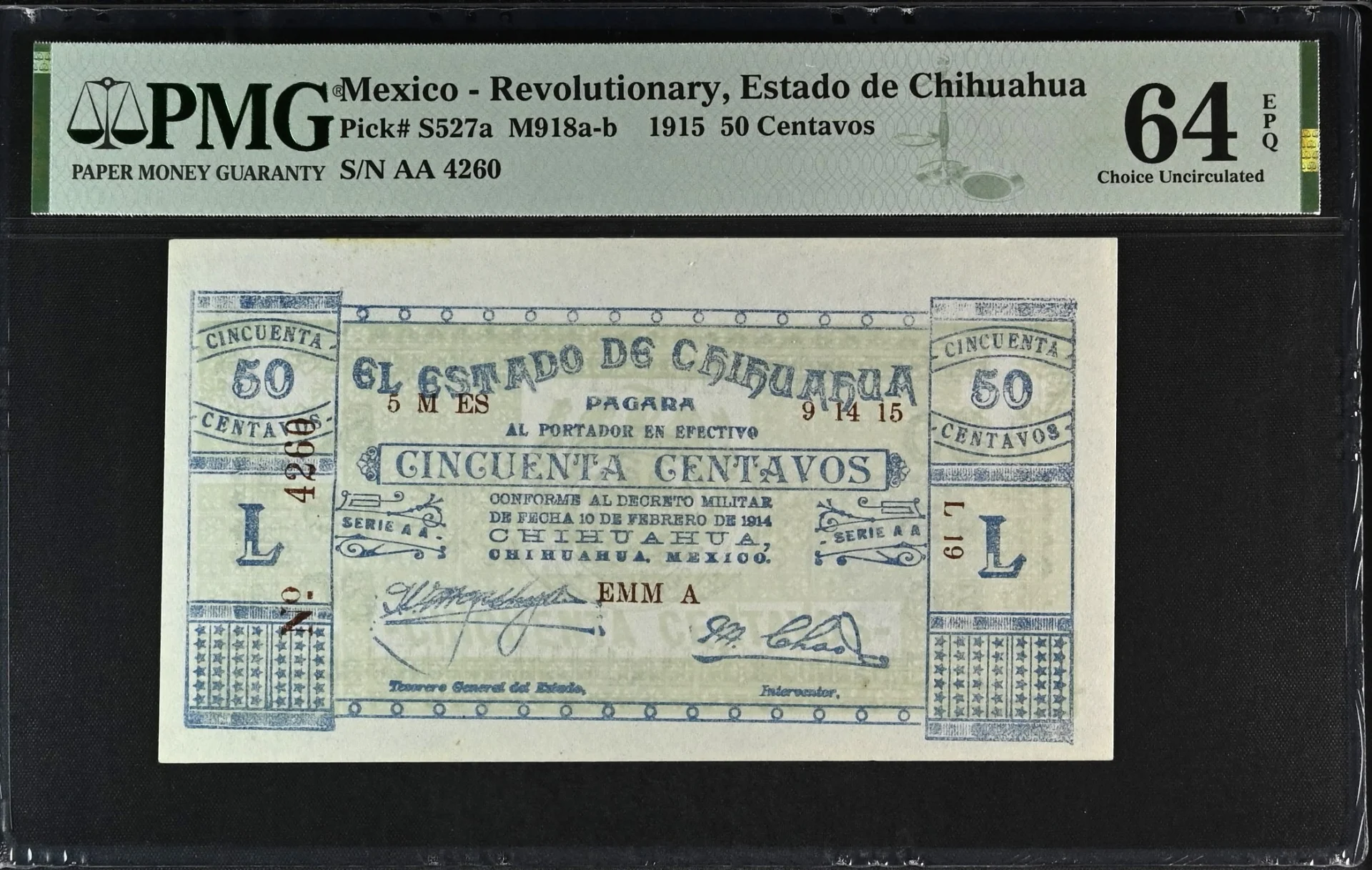 Revolutionary Currency 50 Centavos 1915 Chihuahua M918a-b P S527a PMG Ch UNC64 EPQ f_35820