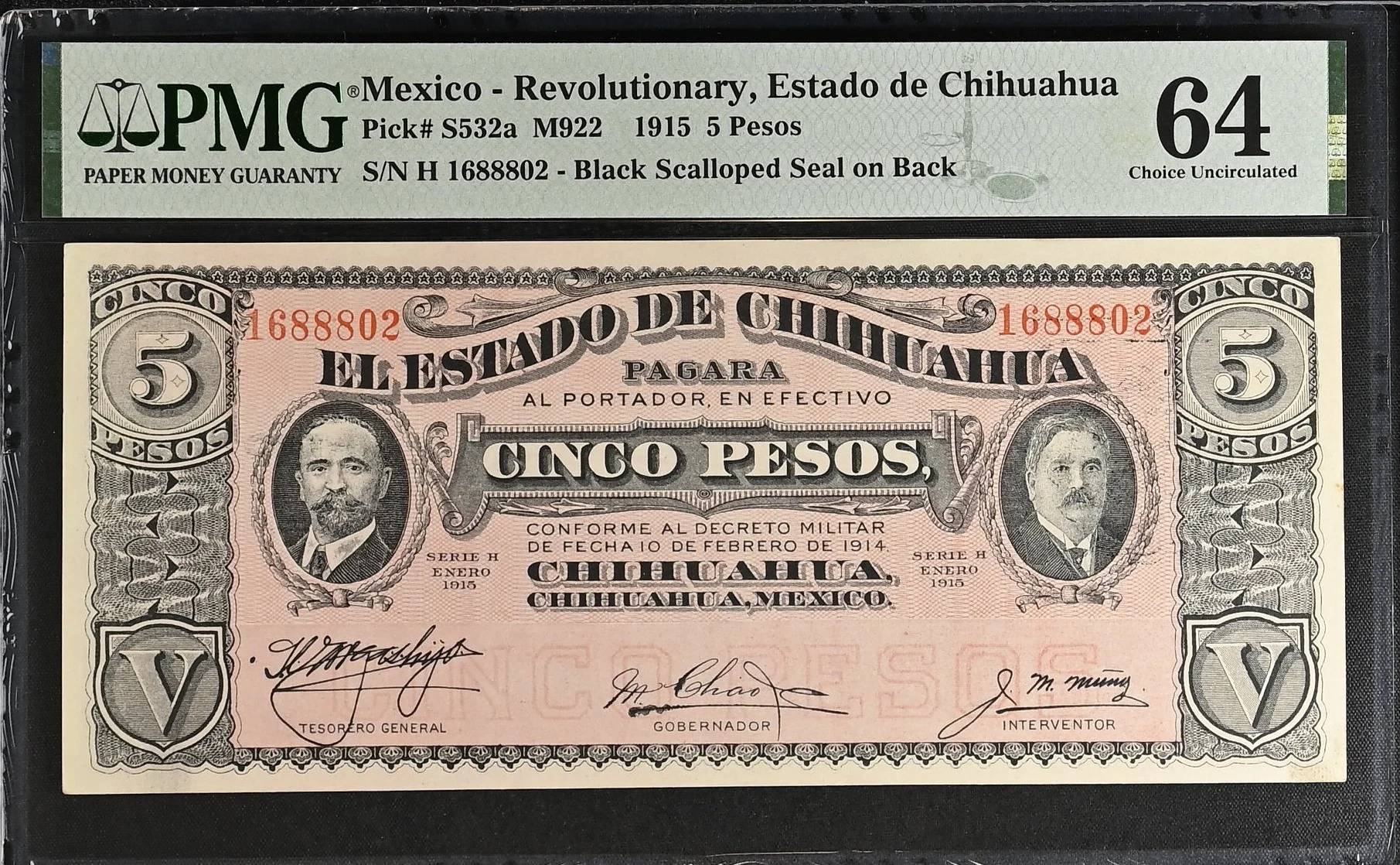 Mexican Currency Revolutionary Currency Revolutionary Currency 5 Pesos 1915 Chihuahua M922 P S532a PMG Ch UNC64 f_35821 Revolutionary Currency 5 Pesos 1915 Chihuahua M922 P S532a PMG Ch UNC64 f_35821