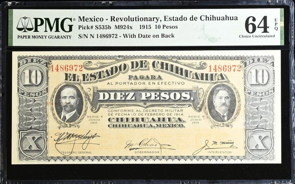 Mexican Currency Revolutionary Currency Revolutionary Currency 10 Pesos 1915 Chihuahua M924x P S535b PMG Ch UNC64 EPQ f_35822 Revolutionary Currency 10 Pesos 1915 Chihuahua M924x P S535b PMG Ch UNC64 EPQ f_35822