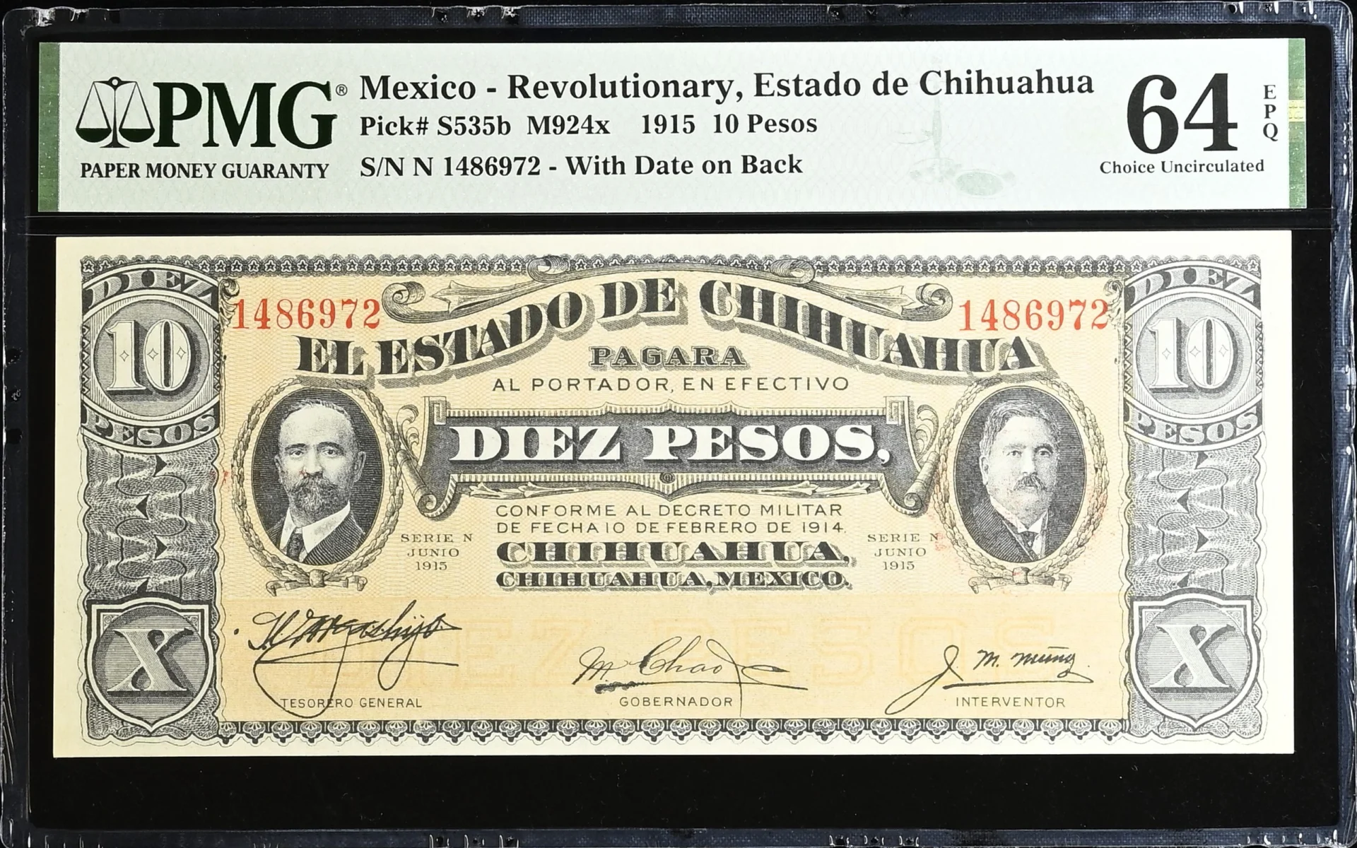 Mexican Currency Revolutionary Currency Revolutionary Currency 10 Pesos 1915 Chihuahua M924x P S535b PMG Ch UNC64 EPQ f_35822 Revolutionary Currency 10 Pesos 1915 Chihuahua M924x P S535b PMG Ch UNC64 EPQ f_35822