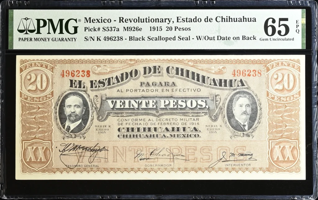 Mexican Currency Revolutionary Currency Revolutionary Currency 20 Pesos 1915 Chihuahua M926e P S537a PMG Gem UNC65 EPQ f_35823 Revolutionary Currency 20 Pesos 1915 Chihuahua M926e P S537a PMG Gem UNC65 EPQ f_35823