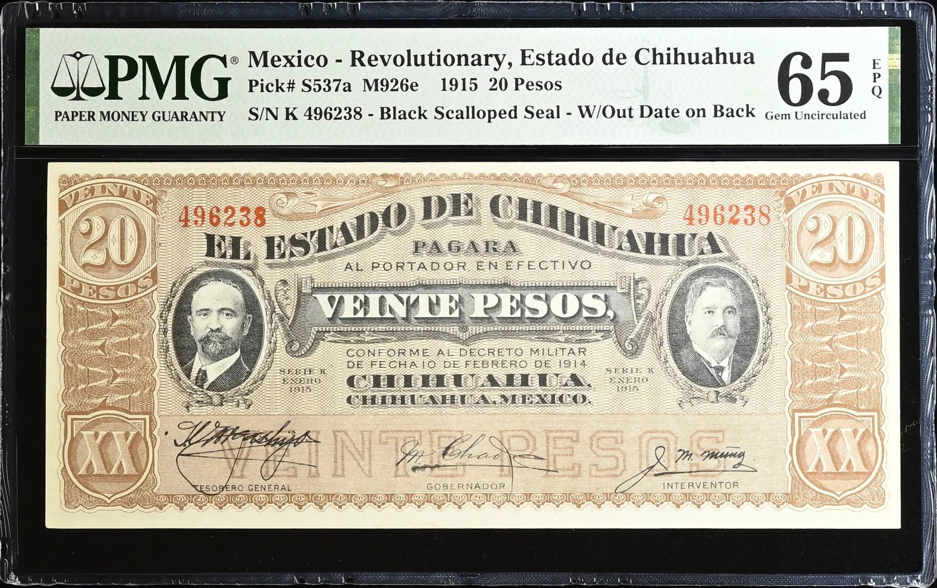 Mexican Currency Revolutionary Currency Revolutionary Currency 20 Pesos 1915 Chihuahua M926e P S537a PMG Gem UNC65 EPQ f_35823 Revolutionary Currency 20 Pesos 1915 Chihuahua M926e P S537a PMG Gem UNC65 EPQ f_35823
