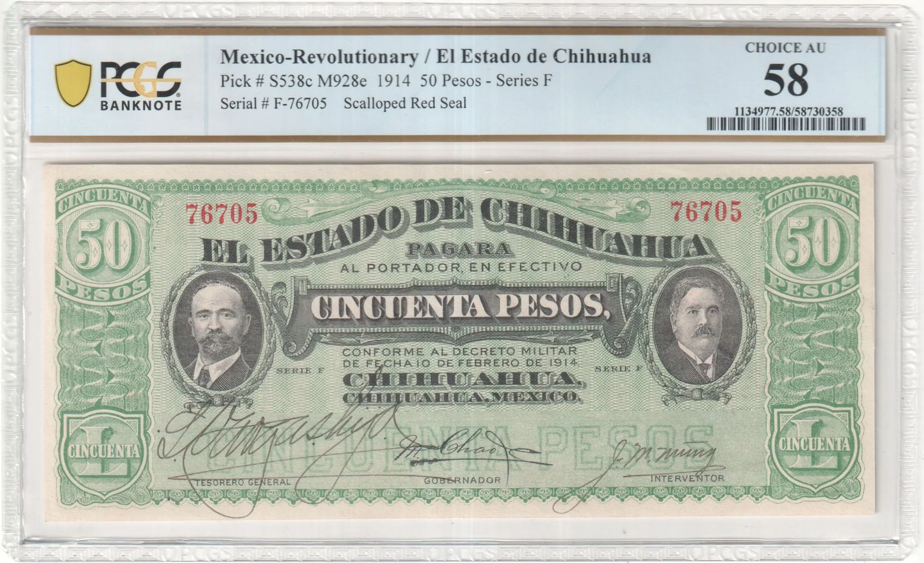 Revolutionary Currency 50 Pesos 1914 Chihuahua M928e P S538c PCGS Ch AU58 f_35824