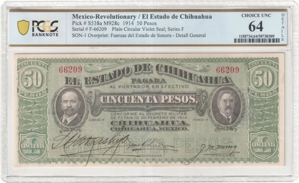 Mexican Currency Revolutionary Currency Revolutionary Currency 50 Pesos 1914 Chihuahua M928c P S538a PCGS Ch UNC64 Details f_35825 Revolutionary Currency 50 Pesos 1914 Chihuahua M928c P S538a PCGS Ch UNC64 Details f_35825