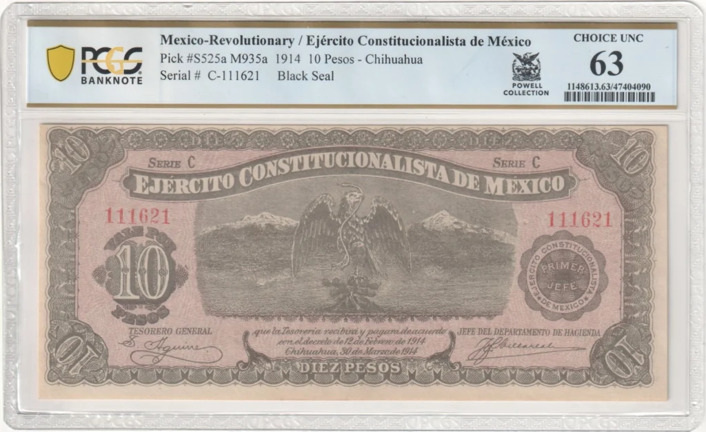Mexican Currency Revolutionary Currency Revolutionary Currency 10 Peso 1914 Chihuahua M935a P#S525a PCGS Ch UNC63 f_35827 Revolutionary Currency 10 Peso 1914 Chihuahua M935a P#S525a PCGS Ch UNC63 f_35827