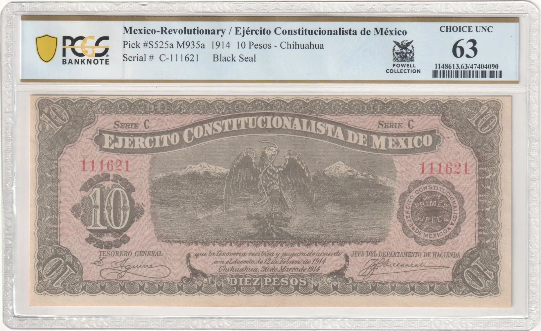 Mexican Currency Revolutionary Currency Revolutionary Currency 10 Peso 1914 Chihuahua M935a P#S525a PCGS Ch UNC63 f_35827 Revolutionary Currency 10 Peso 1914 Chihuahua M935a P#S525a PCGS Ch UNC63 f_35827