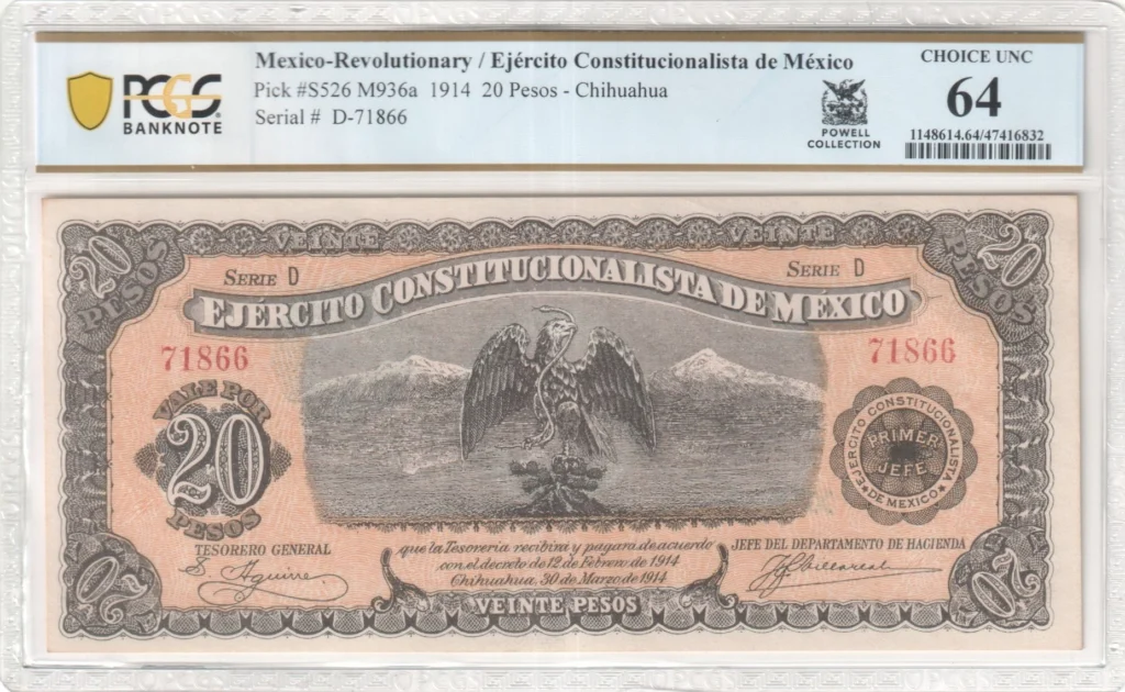 Mexican Currency Revolutionary Currency Revolutionary Currency 20 Peso 1914 Chihuahua M936a P S526 PCGS Ch UNC64 f_35828 Revolutionary Currency 20 Peso 1914 Chihuahua M936a P S526 PCGS Ch UNC64 f_35828