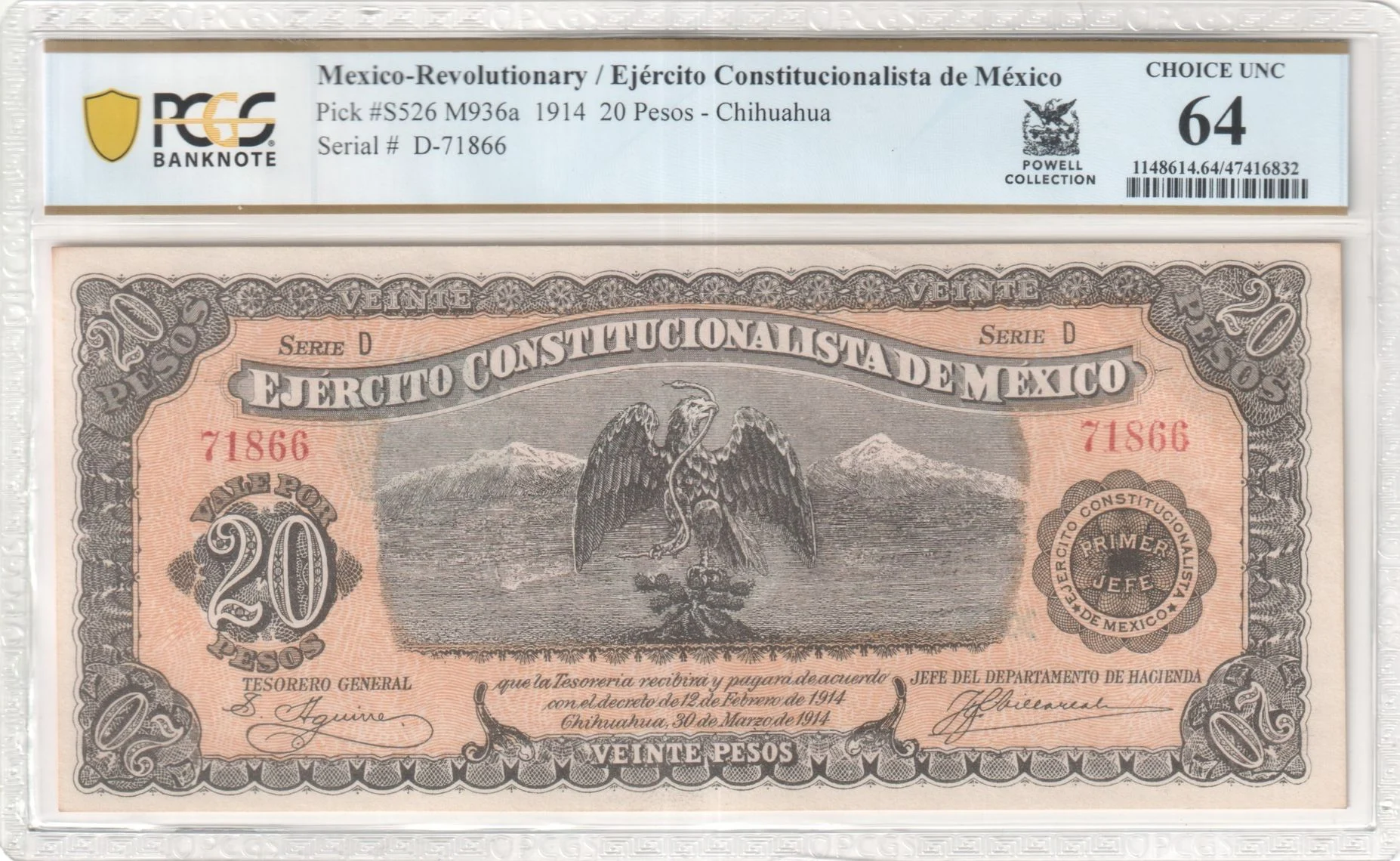 Mexican Currency Revolutionary Currency Revolutionary Currency 20 Peso 1914 Chihuahua M936a P S526 PCGS Ch UNC64 f_35828 Revolutionary Currency 20 Peso 1914 Chihuahua M936a P S526 PCGS Ch UNC64 f_35828Revolutionary Currency 20 Peso 1914 Chihuahua M936a P S526 PCGS Ch UNC64 f_35828