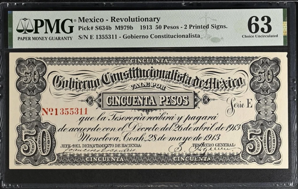 Mexican Currency Revolutionary Currency Revolutionary Currency 50 Peso 1913 Coahuila M979b P S634b PMG Ch UNC63 f_35829 Revolutionary Currency 50 Peso 1913 Coahuila M979b P S634b PMG Ch UNC63 f_35829
