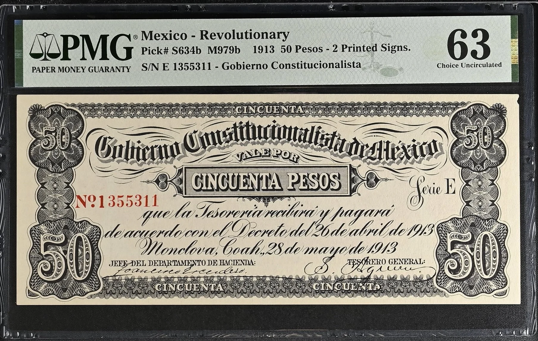 Revolutionary Currency 50 Peso 1913 Coahuila M979b P S634b PMG Ch UNC63 f_35829