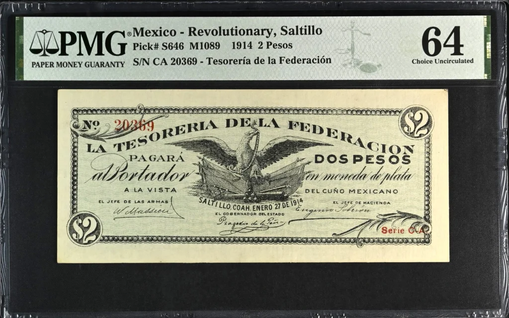 Mexican Currency Revolutionary Currency Revolutionary Currency 2 Pesos 1914 Coahuila M1089 P S646 PMG Ch UNC64 f_35830 Revolutionary Currency 2 Pesos 1914 Coahuila M1089 P S646 PMG Ch UNC64 f_35830