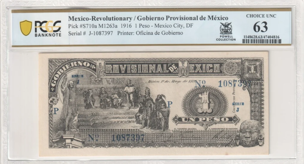 Mexican Currency Revolutionary Currency Revolutionary Currency Peso 1916 Distrito Federal M1263a P S710a PCGS Ch UNC63 f_35831 Revolutionary Currency Peso 1916 Distrito Federal M1263a P S710a PCGS Ch UNC63 f_35831