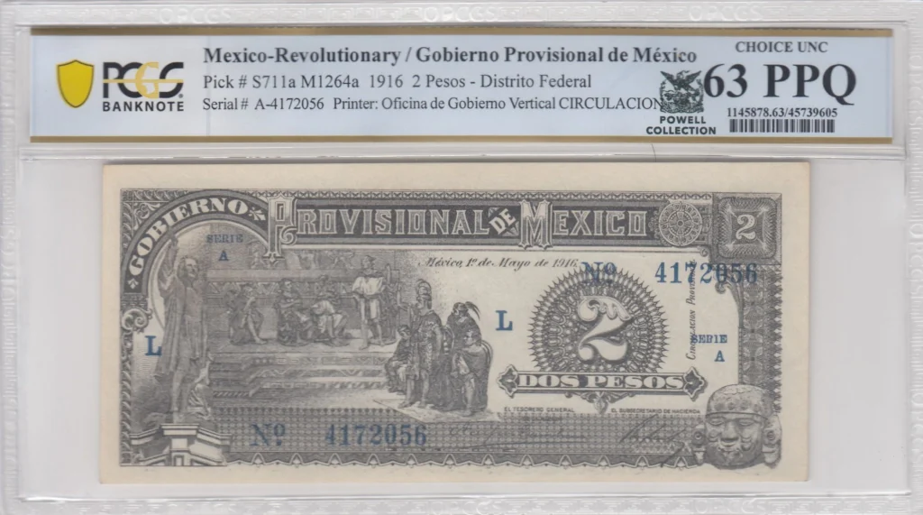 Mexican Currency Revolutionary Currency Revolutionary Currency 2 Pesos 1916 Distrito Federal M1264a P S711a PCGS Ch UNC63 PPQ f_35832 Revolutionary Currency 2 Pesos 1916 Distrito Federal M1264a P S711a PCGS Ch UNC63 PPQ f_35832