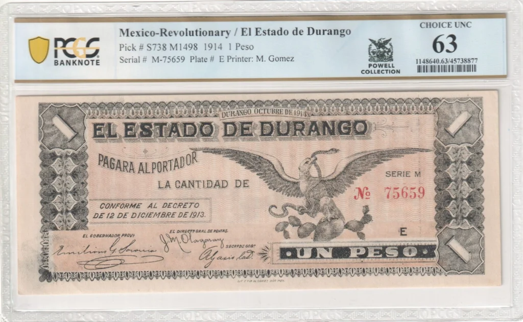 Mexican Currency Revolutionary Currency Revolutionary Currency Peso 1914 Durango M1498 P S738 PCGS Ch UNC63 f_35833 Revolutionary Currency Peso 1914 Durango M1498 P S738 PCGS Ch UNC63 f_35833