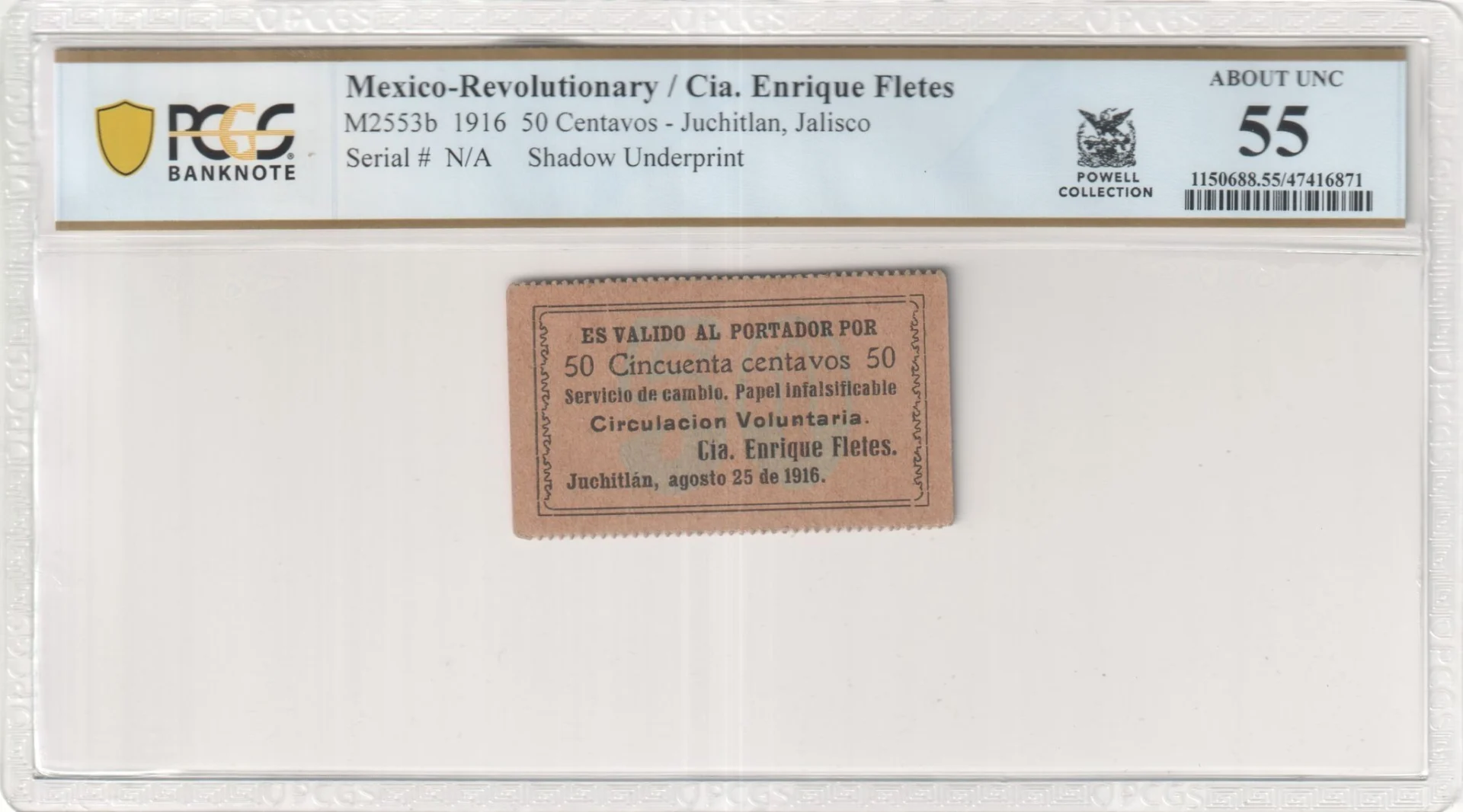 Mexican Currency Revolutionary Currency Revolutionary Currency 50 Centavos 1916 Jalisco M2553b PCGS AU55 f_35834 Revolutionary Currency 50 Centavos 1916 Jalisco M2553b PCGS AU55 f_35834