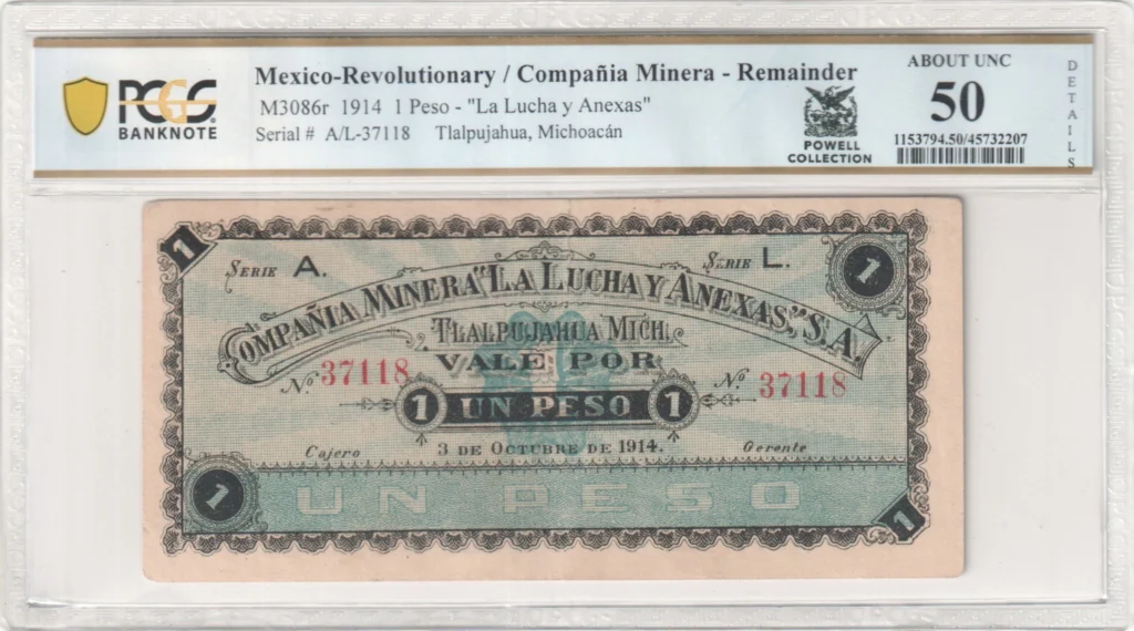 Mexican Currency Revolutionary Currency Revolutionary Currency Peso 1914 Michoacan M3086r PCGS AU50 Details f_35835 Revolutionary Currency Peso 1914 Michoacan M3086r PCGS AU50 Details f_35835