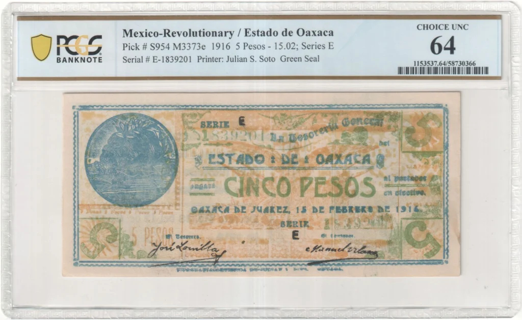 Mexican Currency Revolutionary Currency Revolutionary Currency 5 Pesos 1916 Oaxaca M3373e P S954 PCGS Ch UNC64 f_35836 Revolutionary Currency 5 Pesos 1916 Oaxaca M3373e P S954 PCGS Ch UNC64 f_35836
