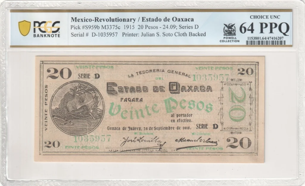 Mexican Currency Revolutionary Currency Revolutionary Currency 20 Pesos 1915 Oaxaca M3375c P S959b PCGS Ch UNC64 PPQ f_35837 Revolutionary Currency 20 Pesos 1915 Oaxaca M3375c P S959b PCGS Ch UNC64 PPQ f_35837