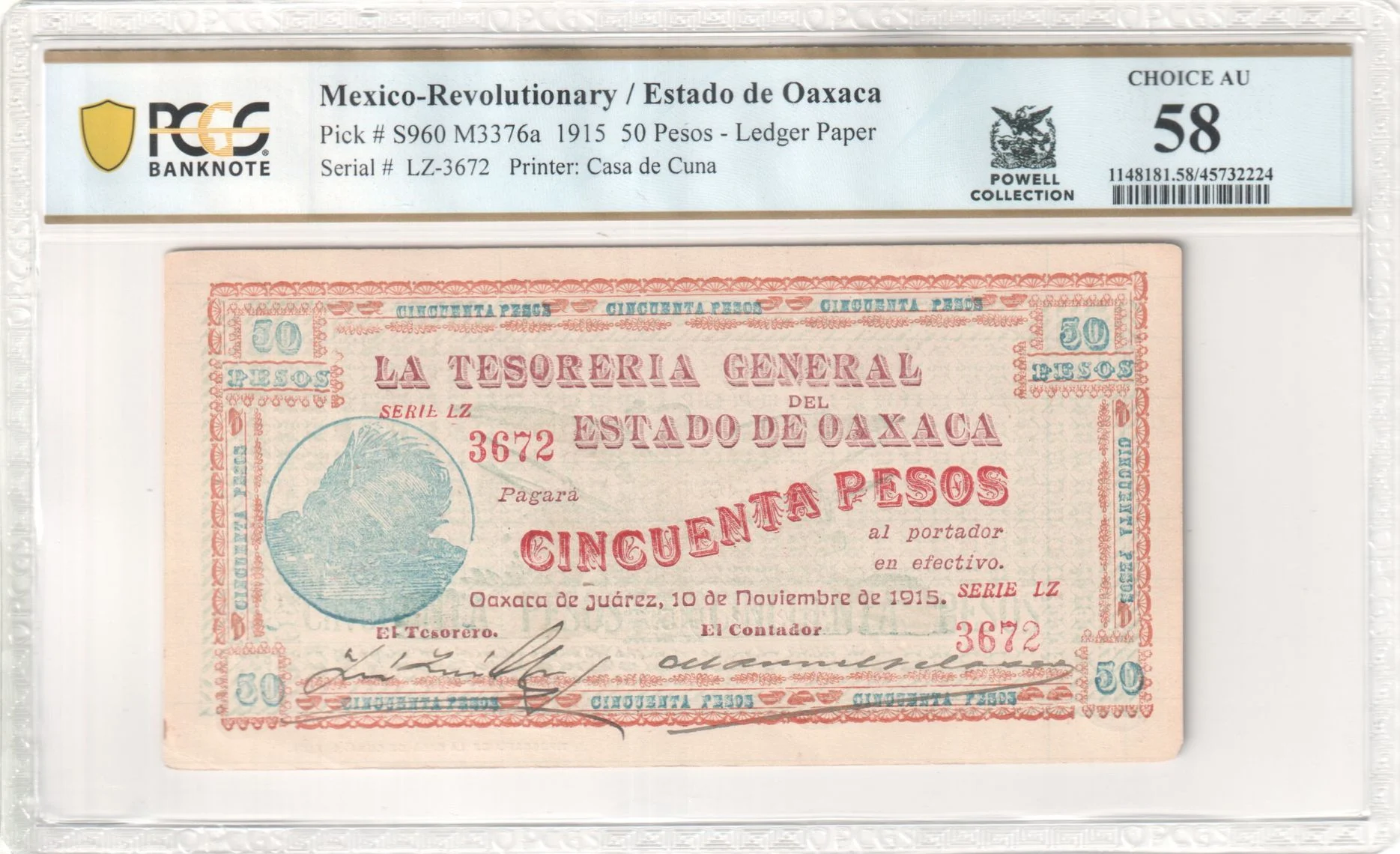 Mexican Currency Revolutionary Currency Revolutionary Currency 50 Pesos 1915 Oaxaca M3376a P S960 PCGS Ch AU58 f_35838 Revolutionary Currency 50 Pesos 1915 Oaxaca M3376a P S960 PCGS Ch AU58 f_35838