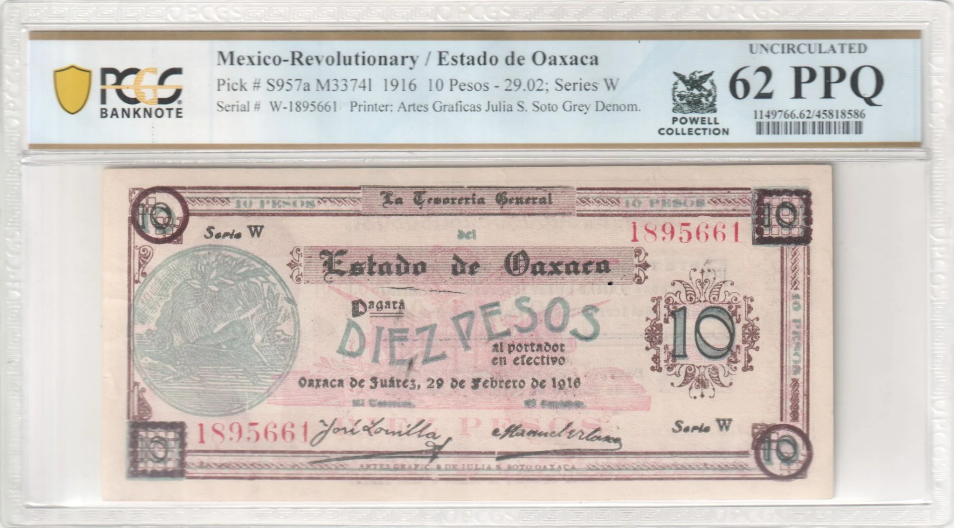 Revolutionary Currency 10 Pesos 1916 Oaxaca M3374l P S957a PCGS UNC62 PPQ f_35839