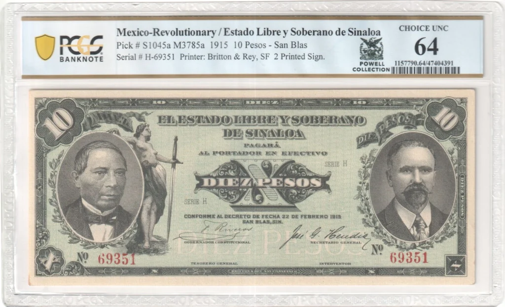 Mexican Currency Revolutionary Currency Revolutionary Currency 10 Pesos 1915 Sinaloa M3785a P S1045a PCGS Ch UNC64 f_35840 Revolutionary Currency 10 Pesos 1915 Sinaloa M3785a P S1045a PCGS Ch UNC64 f_35840