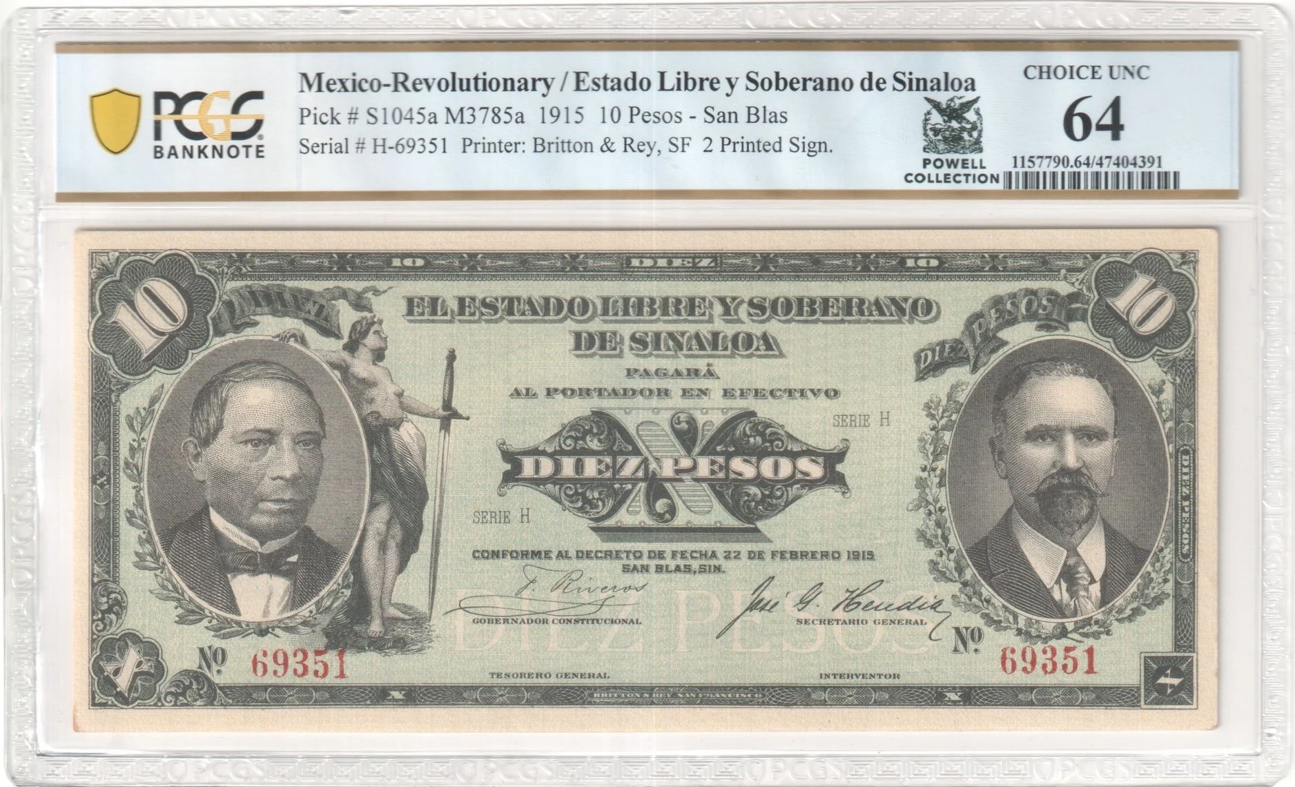 Mexican Currency Revolutionary Currency Revolutionary Currency 10 Pesos 1915 Sinaloa M3785a P S1045a PCGS Ch UNC64 f_35840 Revolutionary Currency 10 Pesos 1915 Sinaloa M3785a P S1045a PCGS Ch UNC64 f_35840