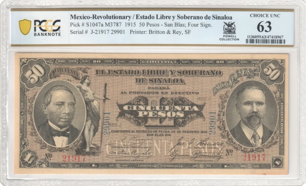 Mexican Currency Revolutionary Currency Revolutionary Currency 50 Pesos 1915 Sinaloa M3787 P S1047a PCGS Ch UNC63 f_35842 Revolutionary Currency 50 Pesos 1915 Sinaloa M3787 P S1047a PCGS Ch UNC63 f_35842