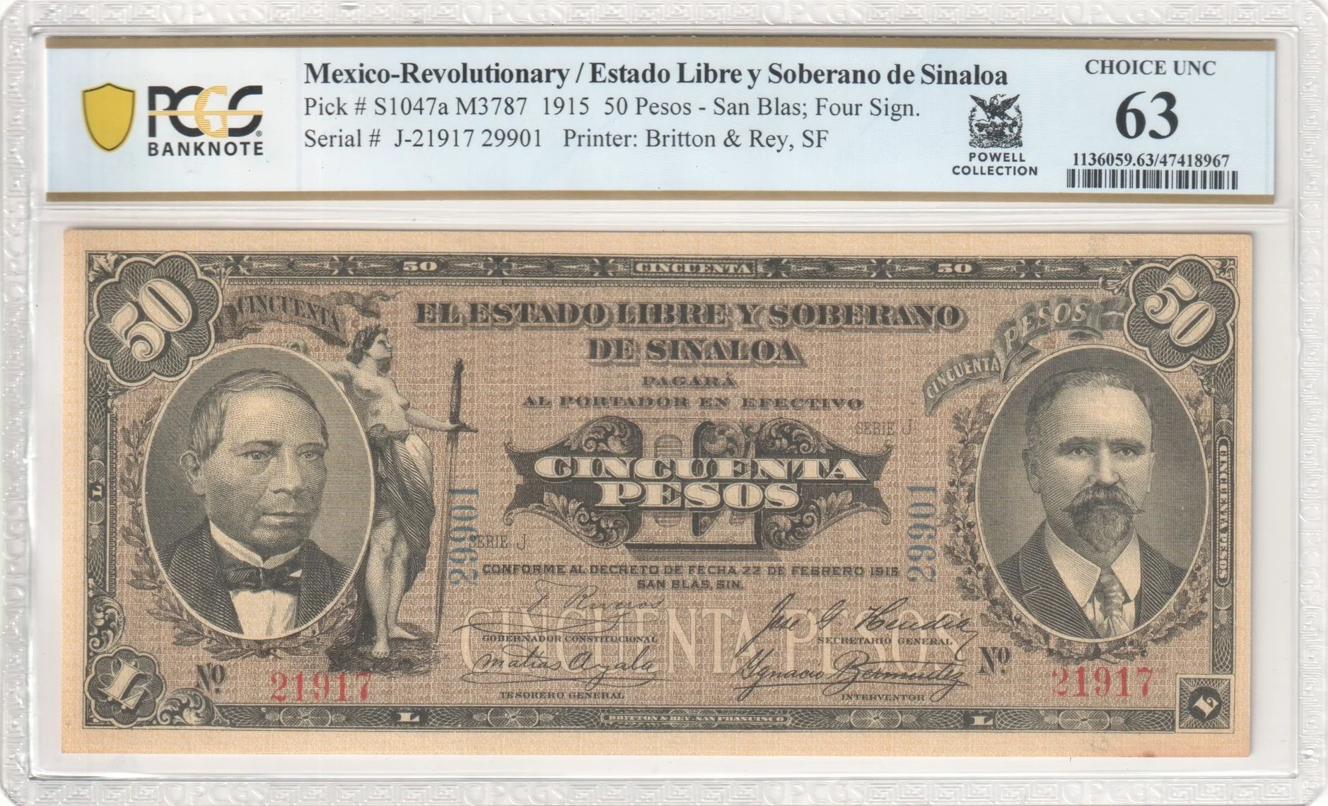 Revolutionary Currency 50 Pesos 1915 Sinaloa M3787 P S1047a PCGS Ch UNC63 f_35842