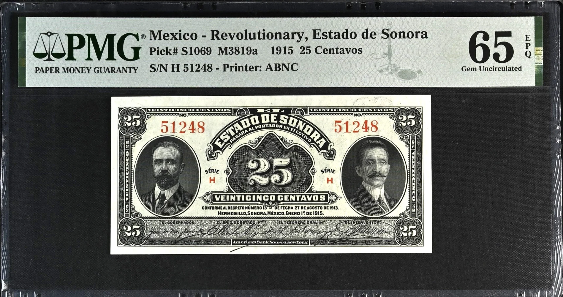 Mexican Currency Revolutionary Currency Revolutionary Currency 25 Centavos 1915 Sonora M3819a P S1069 PMG Gem UNC65 EPQ f_35843 Revolutionary Currency 25 Centavos 1915 Sonora M3819a P S1069 PMG Gem UNC65 EPQ f_35843