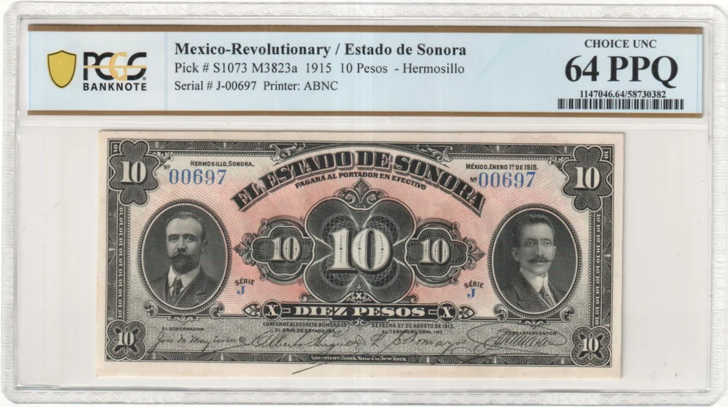 Mexican Currency Revolutionary Currency Revolutionary Currency 10 Pesos 1915 Sonora M3823a P S1073 PCGS Ch UNC64 PPQ f_35844 Revolutionary Currency 10 Pesos 1915 Sonora M3823a P S1073 PCGS Ch UNC64 PPQ f_35844