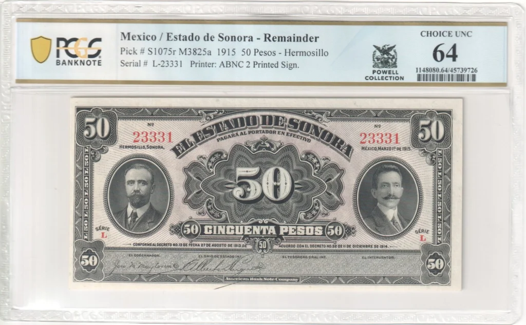 Mexican Currency Revolutionary Currency Revolutionary Currency 50 Pesos 1915 Sonora M3825a P S1075r PCGS Ch UNC64 f_35845 Revolutionary Currency 50 Pesos 1915 Sonora M3825a P S1075r PCGS Ch UNC64 f_35845