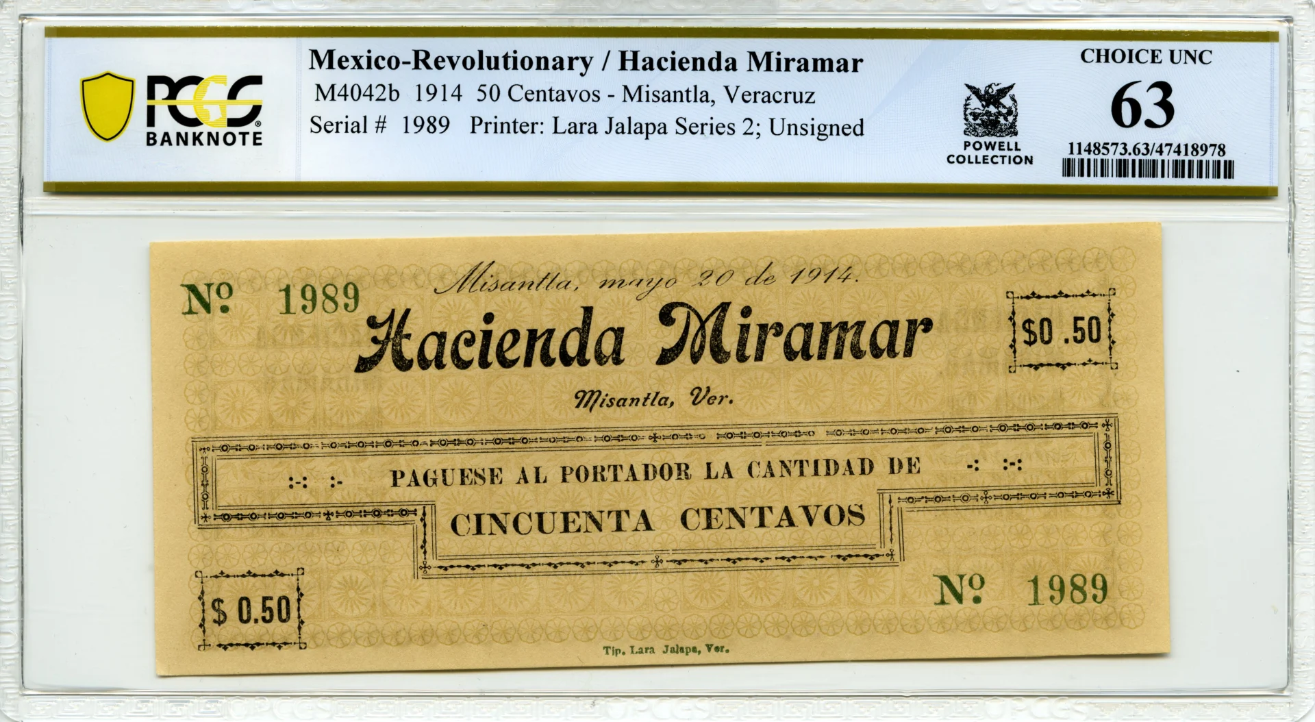 Mexican Currency Revolutionary Currency Revolutionary Currency 50 Centavos 1914 Veracruz M4042b PCGS Ch UNC63 f_35847 Revolutionary Currency 50 Centavos 1914 Veracruz M4042b PCGS Ch UNC63 f_35847
