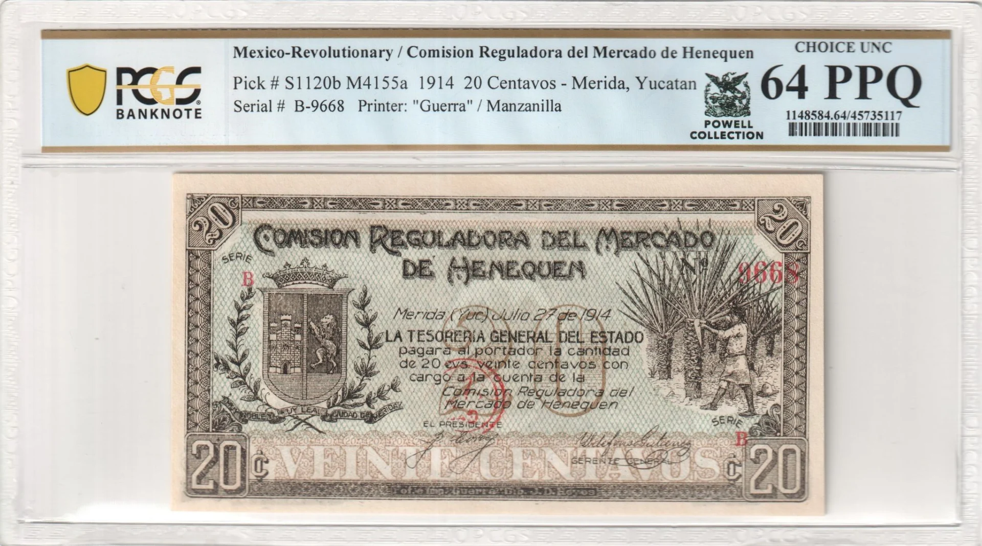 Mexican Currency Revolutionary Currency Revolutionary Currency 20 Centavos 1914 Yucatan M4155a PCGS Ch UNC64 PPQ f_35849 Revolutionary Currency 20 Centavos 1914 Yucatan M4155a PCGS Ch UNC64 PPQ f_35849