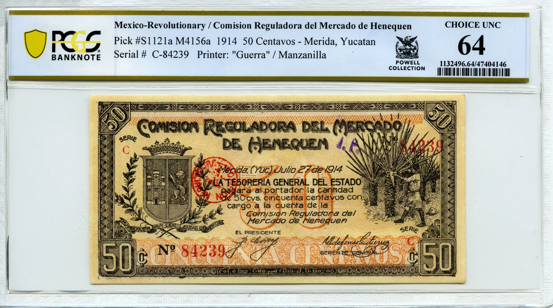 Mexican Currency Revolutionary Currency Revolutionary Currency 50 Centavos 1914 Yucatan M4156a PCGS Ch UNC64 f_35850 Revolutionary Currency 50 Centavos 1914 Yucatan M4156a PCGS Ch UNC64 f_35850