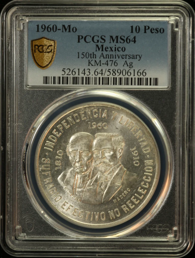 10 Peso Mexican Coins Modern Silver & Minors Modern Silver & Minors 10 Peso 1960 Mo KM-476 PCGS MS64 0163062 Modern Silver & Minors 10 Peso 1960 Mo KM-476 PCGS MS64 0163062
