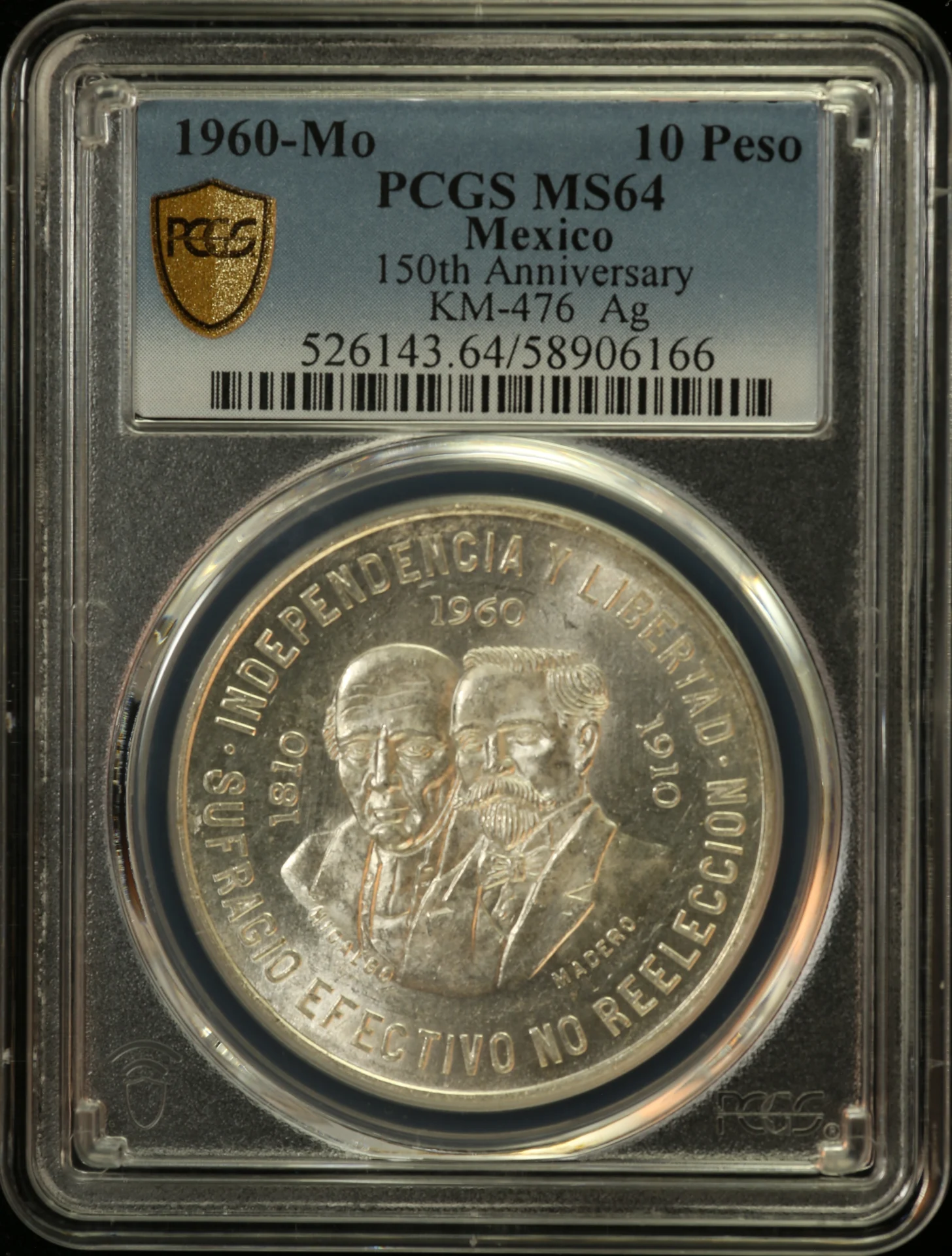 10 Peso Mexican Coins Modern Silver & Minors Modern Silver & Minors 10 Peso 1960 Mo KM-476 PCGS MS64 0163062 Modern Silver & Minors 10 Peso 1960 Mo KM-476 PCGS MS64 0163062