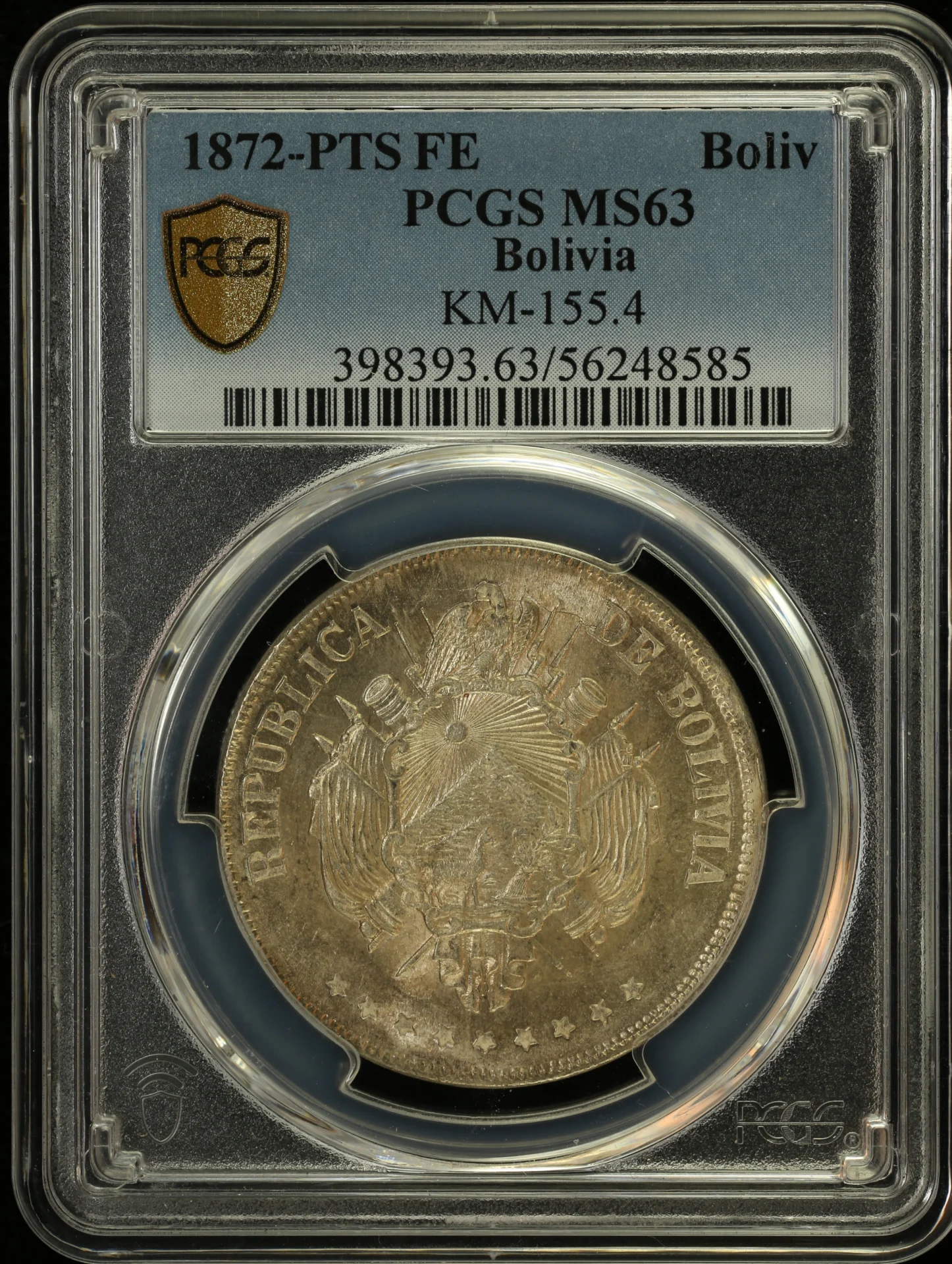 Bolivia Boliviano 1872 Pts FE KM-155.4 PCGS MS63 0163343