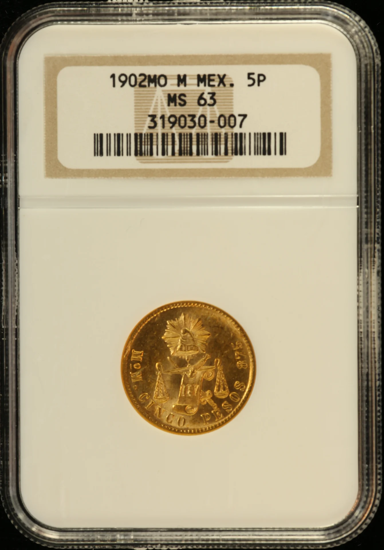 Republic Gold 5 Peso 1902 Mo M NGC MS63 0163092
