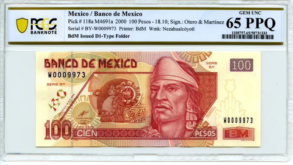Banco De Mexico Mexican Currency Banco De Mexico 100 Pesos 2000 M4691a P#118a PCGS Gem UNC65 PPQ f_35799 Banco De Mexico 100 Pesos 2000 M4691a P#118a PCGS Gem UNC65 PPQ f_35799