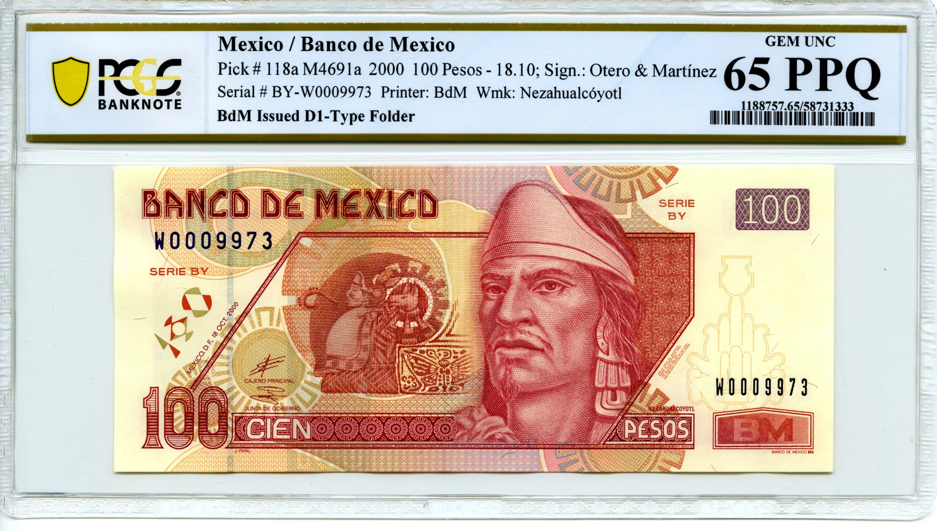 Banco De Mexico Mexican Currency Banco De Mexico 100 Pesos 2000 M4691a P#118a PCGS Gem UNC65 PPQ f_35799 Banco De Mexico 100 Pesos 2000 M4691a P#118a PCGS Gem UNC65 PPQ f_35799