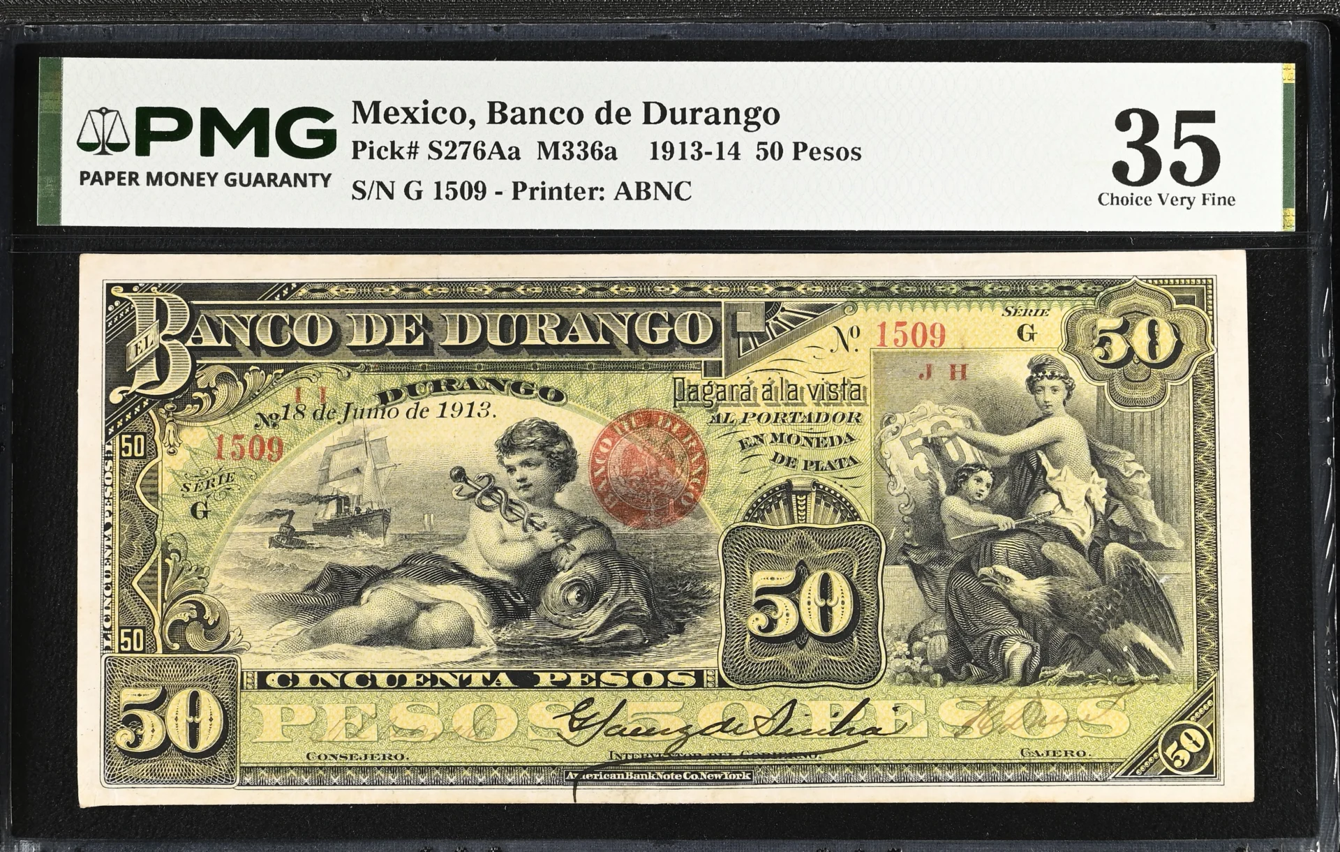 Bancos 50 Pesos 1913-14 Durango M336a P S276Aa PMG Ch VF35 f_35853