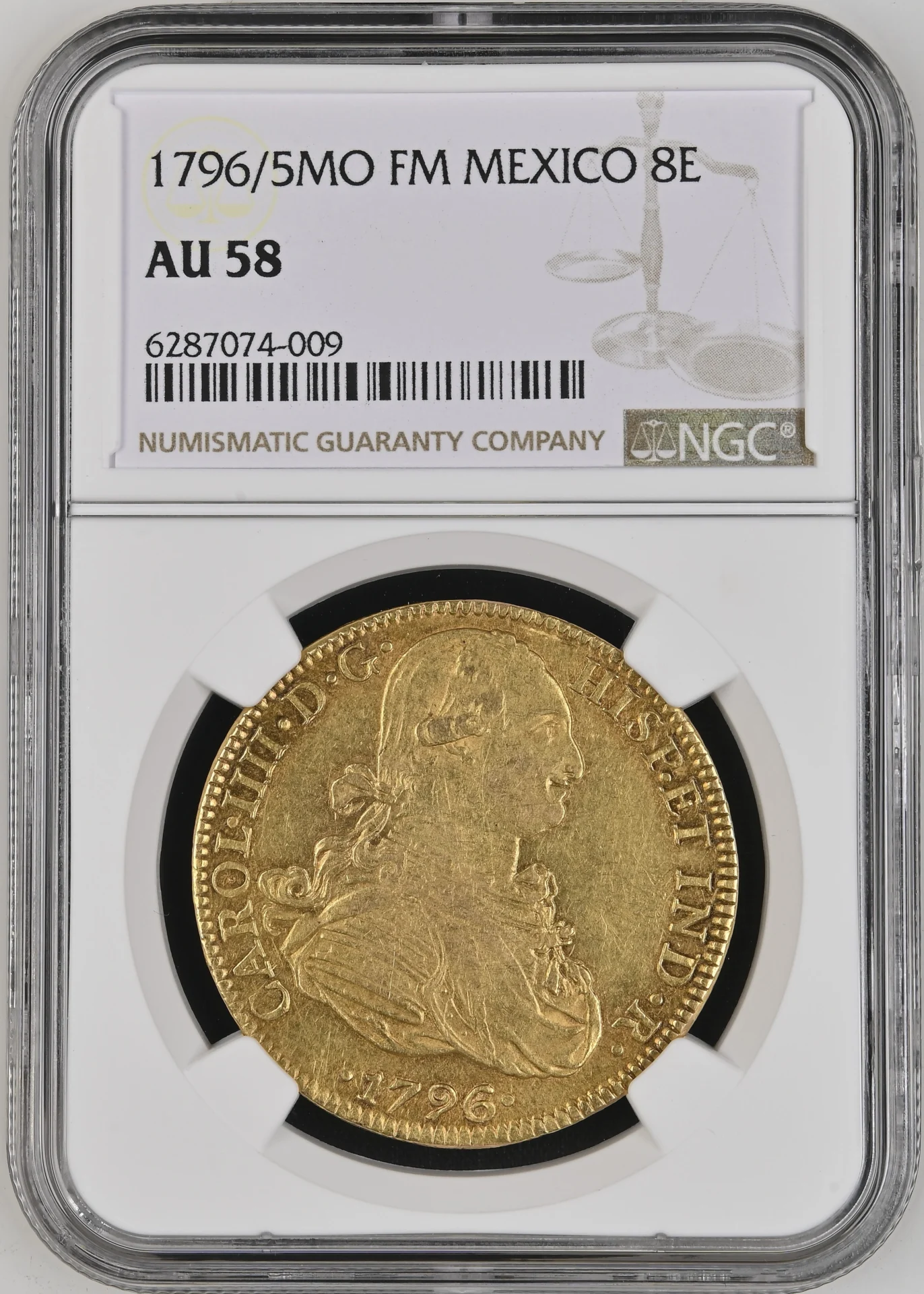 Colonial Gold 8 Escudos 1796/5 Mo FM NGC AU58 0163929