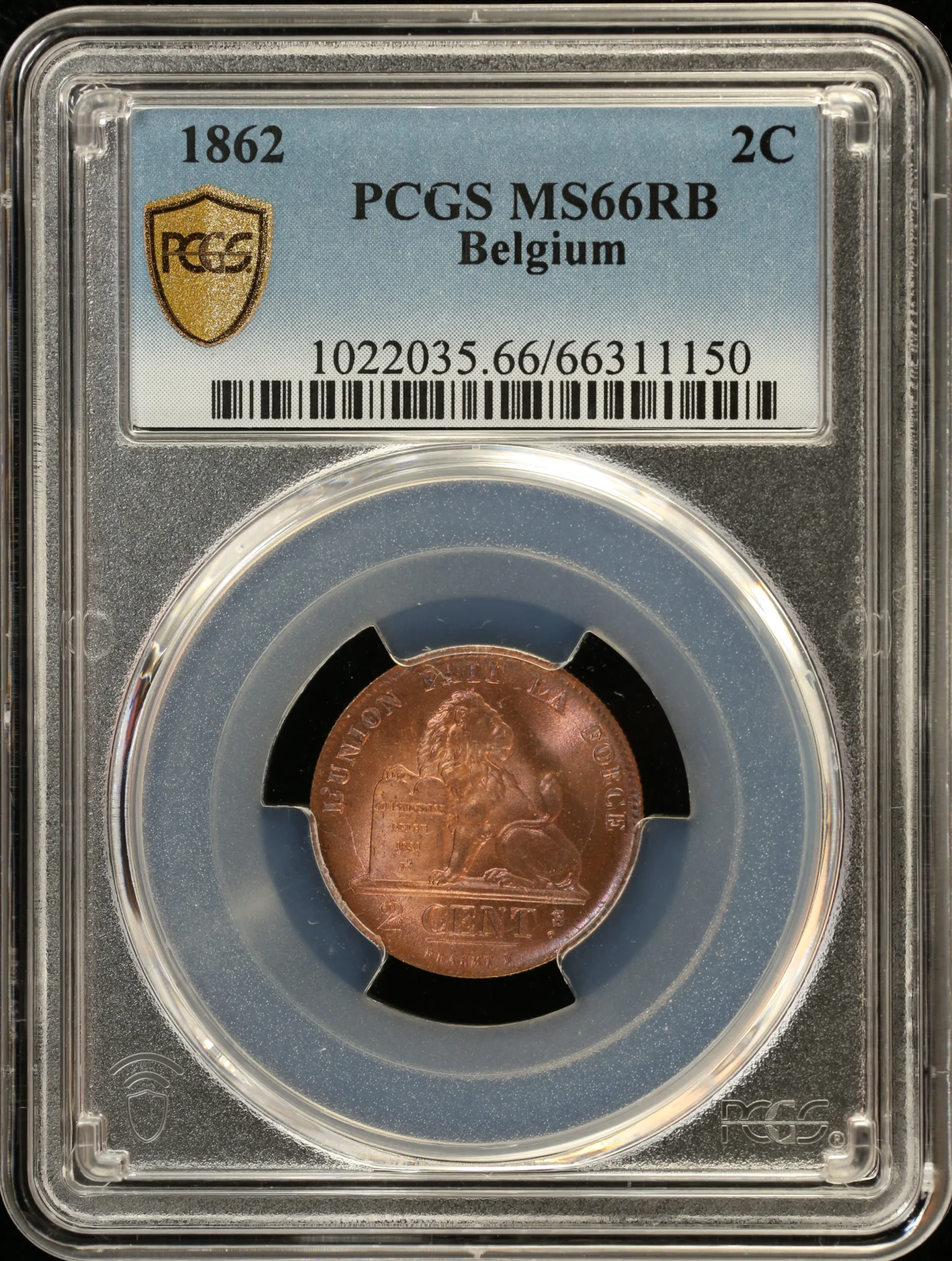 Belgium 2 Centimes 1862 PCGS MS66RB 0163406