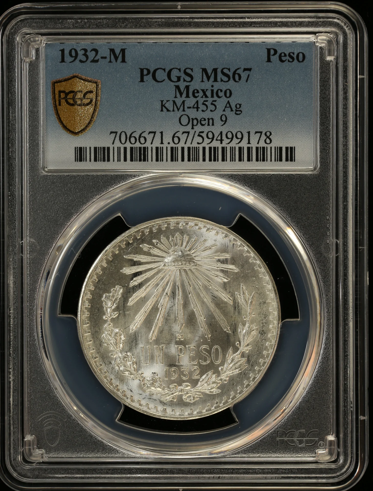 Mexican Coins Modern Silver & Minors Peso Modern Silver & Minors Peso 1932 M KM-455 PCGS MS67 0163721 Modern Silver & Minors Peso 1932 M KM-455 PCGS MS67 0163721